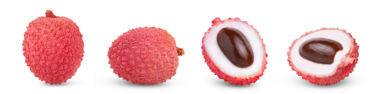 Pink lychees set. Whole red juicy lychee and half of red lychee with seed isolated collection.