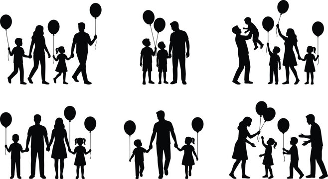 Family Silhouette Collection. People silhouette vector collection featuring happy family characters, children balloon graphics, and parenting lifestyle illustrations.