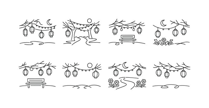 SPRING FESTIVAL LANTERNS IN PARK TREES. Minimalistic set one-line drawing hanging lanterns in trees, tree