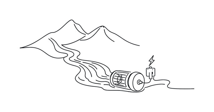 Renewable Water Power. Minimalistic one-line drawing compact hydro generator connected to a mountain stream