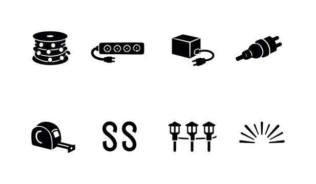 Festive lighting setup. Filled icon set of Festive lighting setup: light reel spool, power strip, transformer