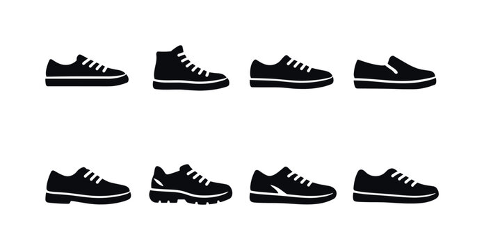 Casual Sneakers Collection. Filled icon set of Casual Sneakers Collection: canvas shoes, high top sneakers,