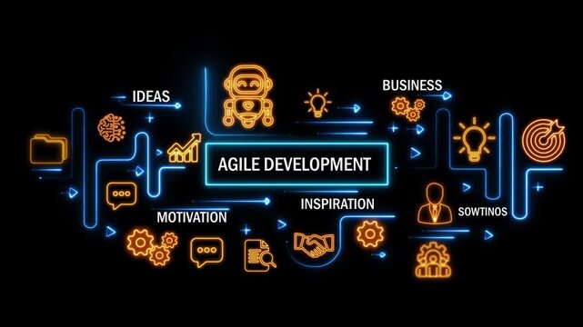 agile development concept with interconnected digital icons and glowing neon lines on dark background. animation video