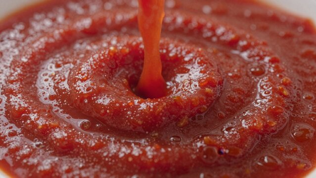 Close-up bowl tomato sauce vibrant red color appears thick creamy smooth texture poured thin orange-colored li