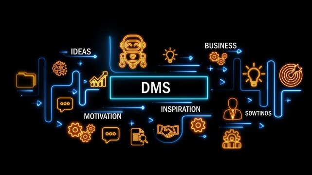 DMS concept with interconnected digital icons and glowing neon lines on dark background. animation video