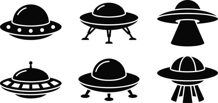 UFO Spaceship Vector Icon Set. UFO spaceship vector icon set with flying saucer designs isolated on white background science fiction illustration