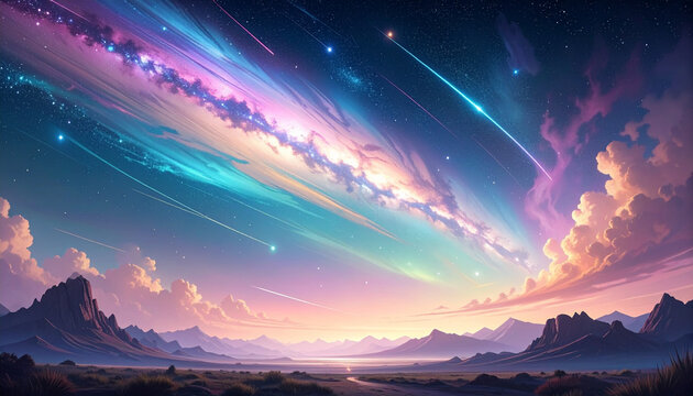 Cosmic sky with meteors and vibrant colors