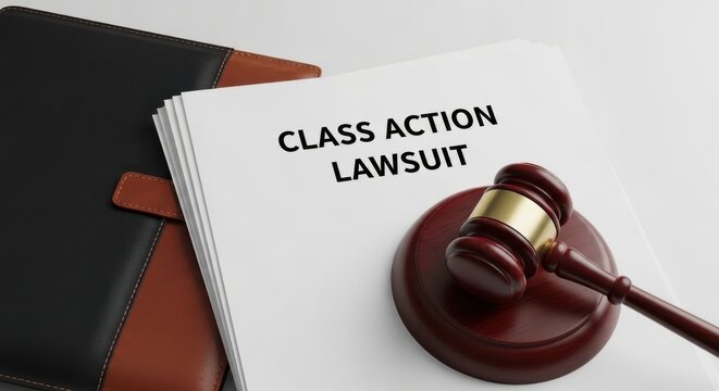 Class action lawsuit legal documents, wooden judge gavel on court papers, litigation and justice concept, professional law office desk