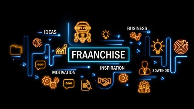 franchise concept with interconnected digital icons and glowing neon lines on dark background. animation video