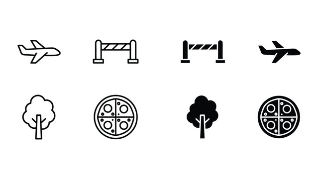 Contrasting icons of transportation, construction, nature, and food items