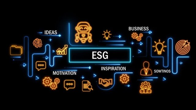 ESO concept with interconnected digital icons and glowing neon lines on dark background. animation video