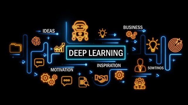deep learning concept with interconnected digital icons and glowing neon lines on dark background. animation video