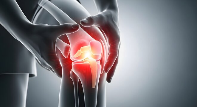 Acute knee injury and patellar tendonitis. Joint rehabilitation and sports medicine. Person holding their knee in pain with a glowing red highlight on the injured joint capsule