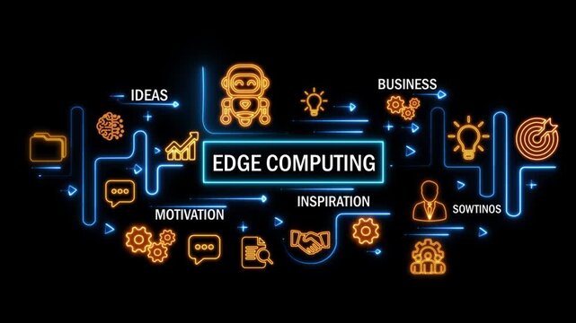 edge computing concept with interconnected digital icons and glowing neon lines on dark background. animation video