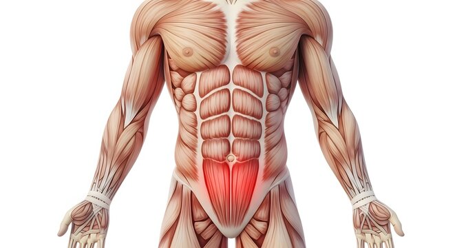 Abdominal muscle strain and core hernia pain. Gastrointestinal health and digestive issues. Medical illustration of the male torso showing intense red inflammation in the lower abs