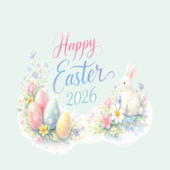 A beautiful watercolor-style Easter greeting card featuring elegant hand-painted brush lettering that reads “Happy Easter 2026.” The design showcases soft pastel tones on a clean white background, dec © TAREEN
