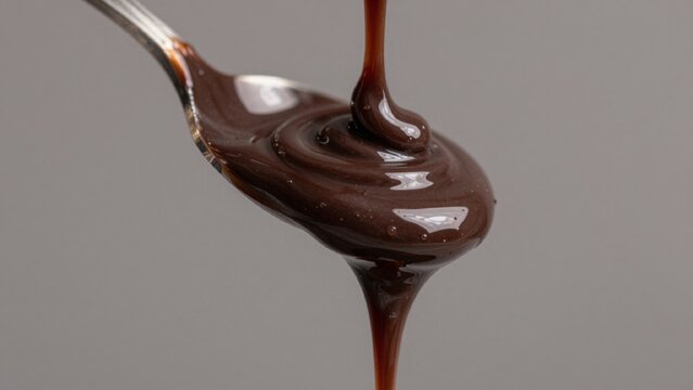 Close-up spoonful melted chocolate spoon silver curved handle rich dark brown color slowly dripping creating s
