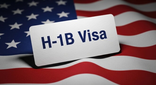 H-1B Visa card on American flag background, United States immigration and work permit concept, professional employment visa for foreign workers