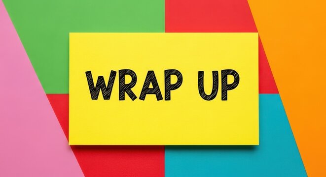Wrap up text on yellow note, colorful paper background with geometric shapes, business summary concept, creative office project conclusion