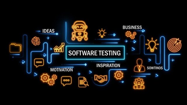 software testing concept with interconnected digital icons and glowing neon lines on dark background. animation video