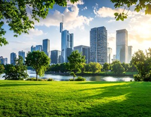 Obraz premium A vibrant city skyline framed by lush green trees, a serene lake, and a bright blue sky with clouds. Warm sunlight bathes the scene