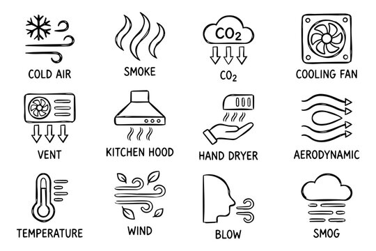 A set of icons representing various air flow and temperature concepts on transparent background
