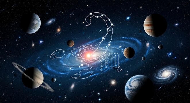 A cosmic scene Scorpion constellation outlined, surrounded by planets, galaxies and stardust