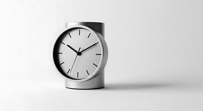 Minimalist silver desk clock on white background with soft lighting and clean design