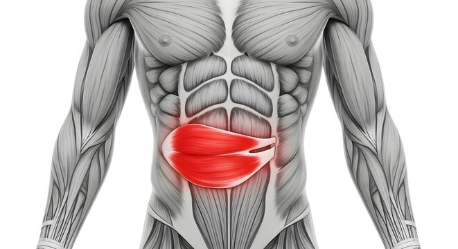 Abdominal muscle strain and core injury anatomical diagram. Fitness health and physical therapy. Gray scale human torso with a highlighted red glowing section on the transverse abdominis