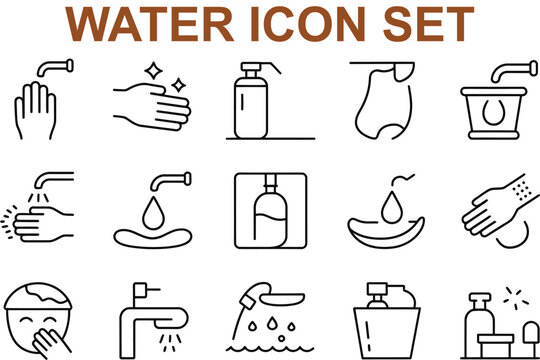 Water icons set including handwashing and hygiene related symbols and objects