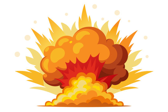 Cartoon explosion with mushroom cloud on white background