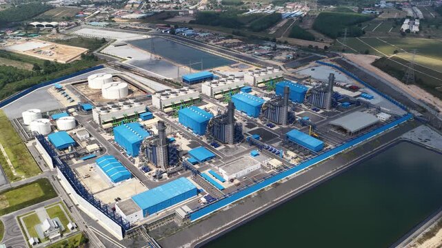 Aerial view of a modern gas turbine power plant complex