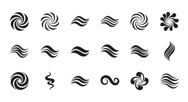 Abstract swirl and vortex line patterns showing spiral motion and wind flow for creative logo design or textile prints featuring fluid curved geometric shapes