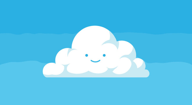 Cute fluffy white cloud with a friendly smiling face on a bright blue sky for children's graphics and weather apps.