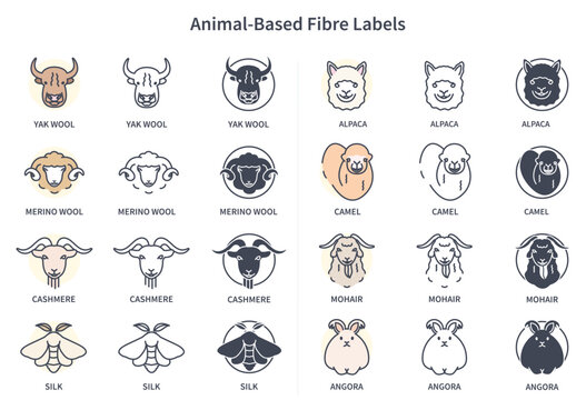 Animal-Based Fibre Labels Set: Yak, Merino, Cashmere, Silk, Alpaca, Camel, Mohair, Angora