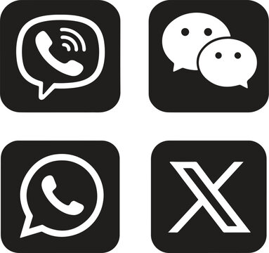 Viber WeChat WhatsApp X Social Media Icons Black and White Flat Design