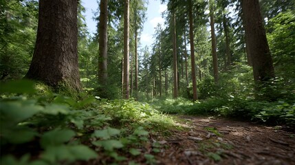 Obraz premium A sun d d forest path winds through tall evergreen trees with lush green foliage in the foreground