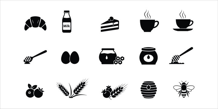 Breakfast and honey icons set including croissant, milk, coffee, eggs, honeycomb, wheat, and bee black silhouette.
