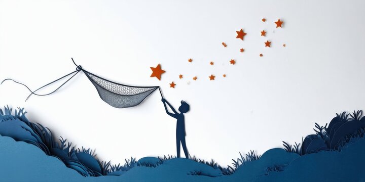 Silhouette depicts boy catching stars with net. Blue landscape contrasts bright orange celestial bodies. Dreamlike scene evokes wonder.