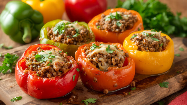 Vibrant red, yellow, and green bell peppers stuffed with meat and rice on a wooden table, healthy meal, home cooking, delicious dinner.