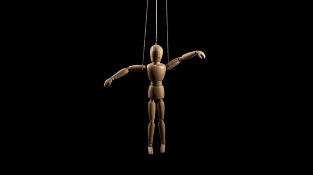 A wooden puppet hangs from strings against a dark black background, marionette performance, theatre art, concept of control and manipulation.