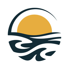 Fototapeta premium Abstract sunset over stylized waves with orange sun and dark blue water ocean