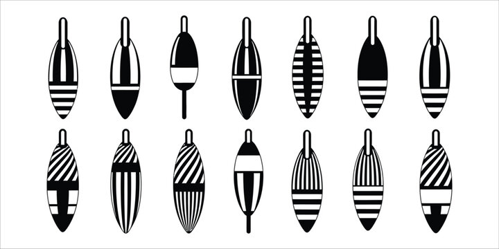 Fishing float icons set black silhouette vector illustration isolated on white background for fishing equipment design.