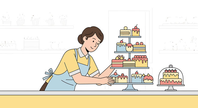 Baker arranging cakes on a tiered stand in a bakery, showcasing sweet pastries and desserts.