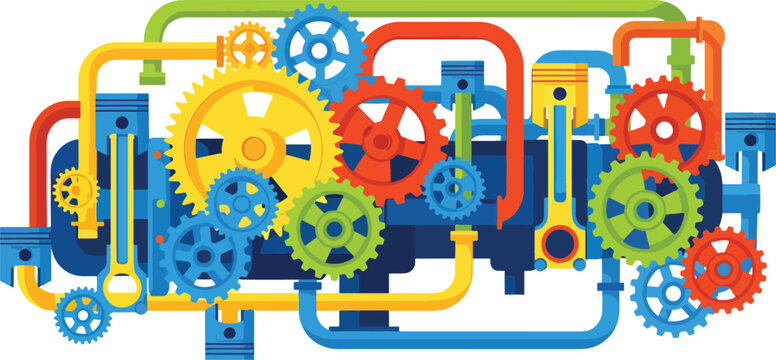 Colorful mechanical engine with gears pistons and pipes working together in intricate assembly on transparent background
