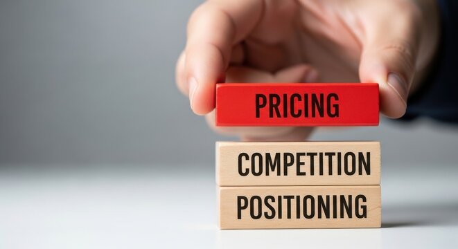 Business pricing strategy concept, hand placing red wooden block on competition and positioning stack, marketing and sales management metaphor