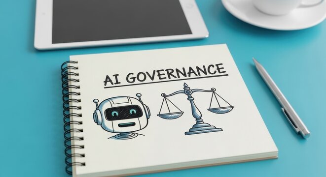 AI Governance concept on spiral notebook, artificial intelligence ethics and regulation, robot and justice scales sketch on office desk