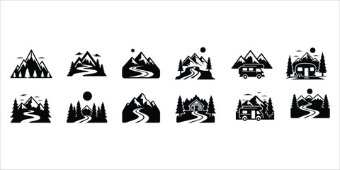 Obraz premium Mountain landscape and camping icons set including forest road van and cabin black silhouettes vector.