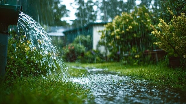 Rainwater pouring from downspout onto green garden grass
