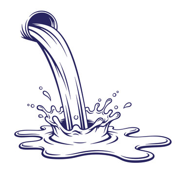 Dark blue line of water pouring from a circular pipe creating a splash and puddle on a white background